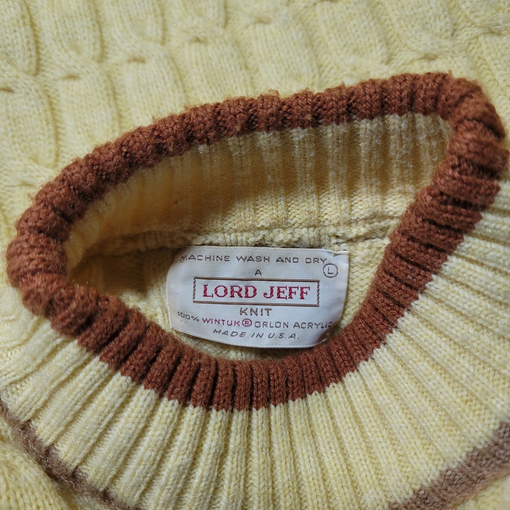Vintage Lord Jeff Mens Large Mock Neck Cable Knit Fair Isle Sweater Cream Brown - Picture 3 of 7